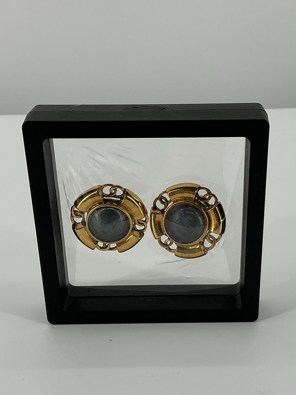 Chanel Vintage Gold CC Gray Cabochon Clip On Earrings 1994